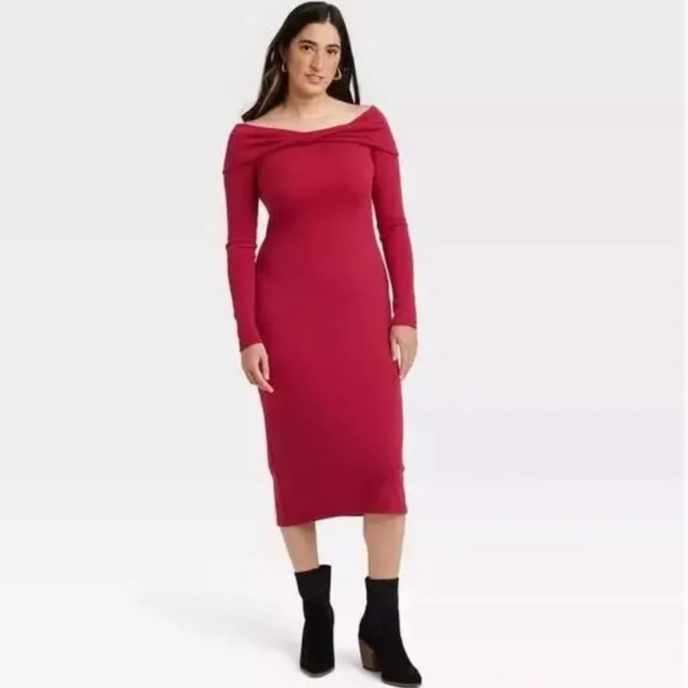 Off the shoulder red midi dress